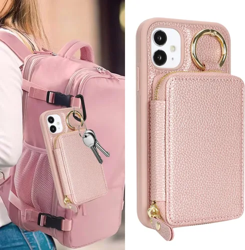 Vista 3 de Funda compatible con iPhone 11 con tarjetero, para iPhone 11, funda de teléfono con cremallera y ranura para mujer, 6.1 pulgadas, oro rosa