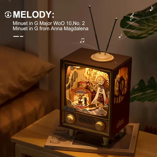 Vista 6 de ROBOTIME Rompecabezas 3D para adultos, kit de construcción de modelos de bricolaje, torre Eiffel y caja de música de madera, atardecer carnaval