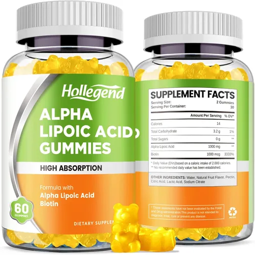 Vista 8 de Gomitas de ácido alfa lipoico de 1000 mg con biotina, suplemento de ALA masticable de alta absorción para antioxidantes, salud cerebral y apoyo
