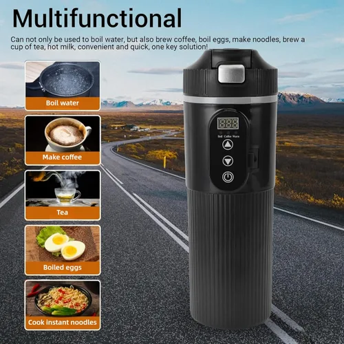 Vista 2 de HEEPDD Caldera de agua portátil de 12 V a 24 V, hervidor eléctrico de viaje de 16.9 fl oz con control de temperatura para preparar café y té