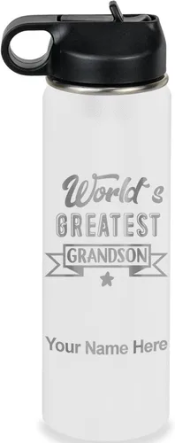 Vista 65 de LaserGram Personalized Water Bottle, World's Greatest Grandson, Stainless Steel Double Wall Vacuum Insulated with Flip Top Straw, Custom Engraved
