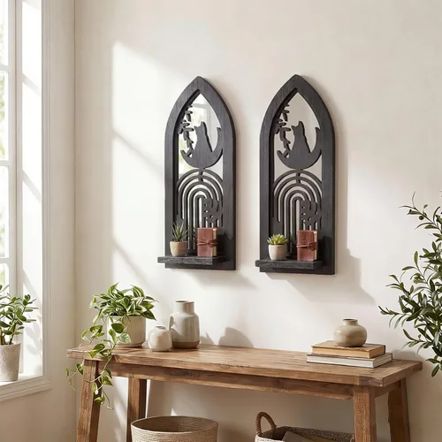 Juego de 2 candelabros de pared de madera, portavelas rústico con espejo, marco de madera tallada, decoración de pared colgante para sala de estar,