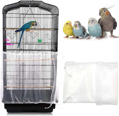 Vista 8 de Daoeny Funda universal para jaula de pájaros, red ajustable de nailon suave y aireado, atrapa semillas de plumas, falda transparente para jaulas