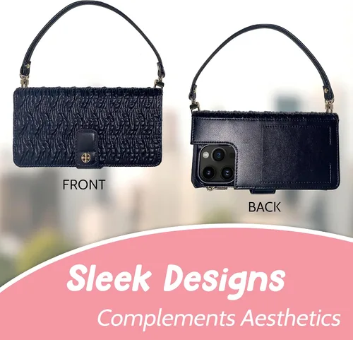 Vista 3 de Skywin Funda tipo cartera para teléfono celular compatible con iPhone Pro Max 14 (Negro) - Elegante funda para teléfono celular con correa, práctica