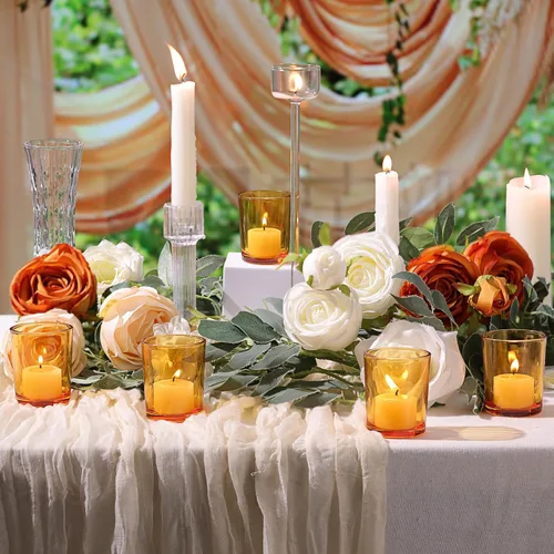 Vista 4 de LETINE 36 piezas Portavelas votivas de ámbar - Portavelas de vidrio para velas de té para decoración de mesa de otoño, centros de mesa de boda boho