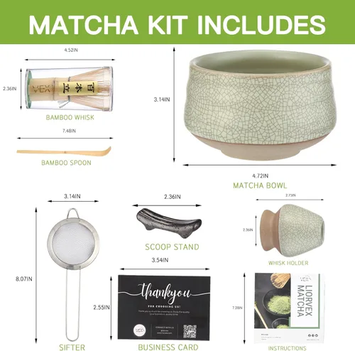 Vista 2 de Juego de 7 piezas de matcha – Juego de batidor japonés de matcha, kit de té incluye cuenco de cerámica, soporte para batidor de bambú y tamiz