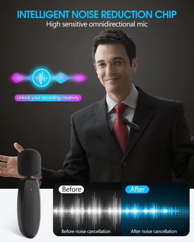 Vista 4 de Micrófono de solapa inalámbrico Lavalier para iPhone, Android, cámara, mini micrófono inalámbrico profesional Plug-Play 2.4G Ultra Low Delay Chip