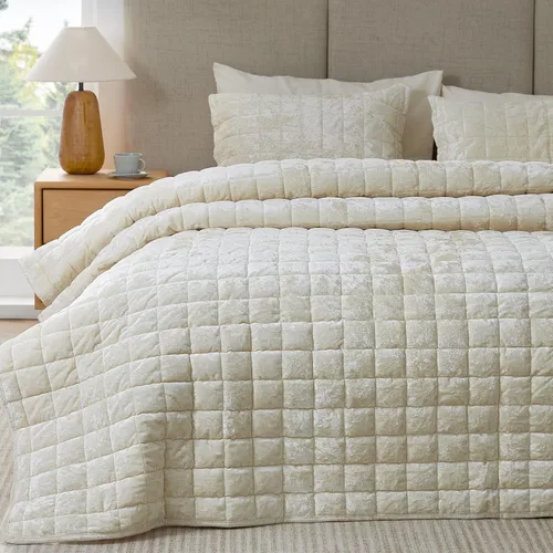 Vista 2 de BEDELITE Juego de edredón de terciopelo tamaño King – Juego de ropa de cama edredón de terciopelo de lujo de 3 piezas, suave y acogedor color blanco