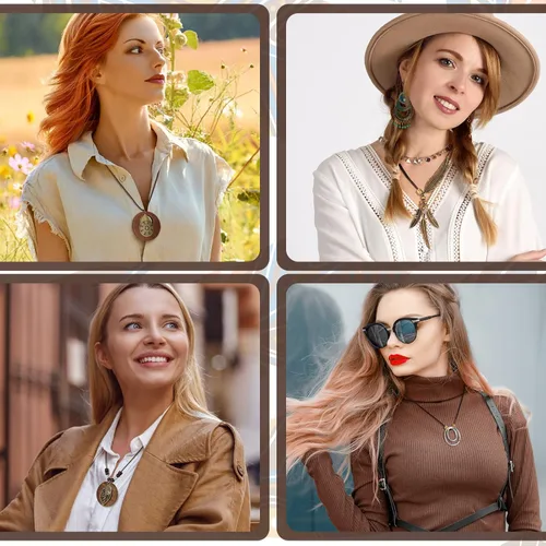 Vista 5 de 8 collares largos bohemios para mujer, collares de madera vintage, hechos a mano, hippie, de piel sintética, suéter, joyería