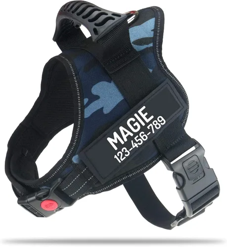 Vista 13 de Arnés de perro personalizado anti tirón con nombre y número de teléfono personalizados de PawPawify, arnés resistente para evitar tirones, Negro