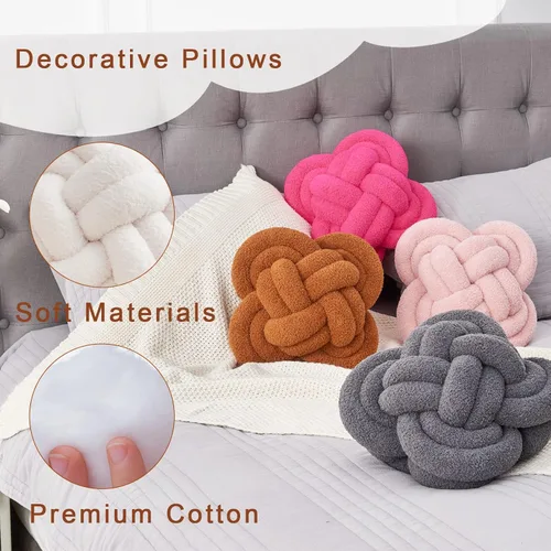 Vista 6 de Xiashrk - Almohada de nudo en forma de bola, almohadas decorativas suaves de 12" para sofá, cama, almohada de lujo en tono marfil blanco con nudo