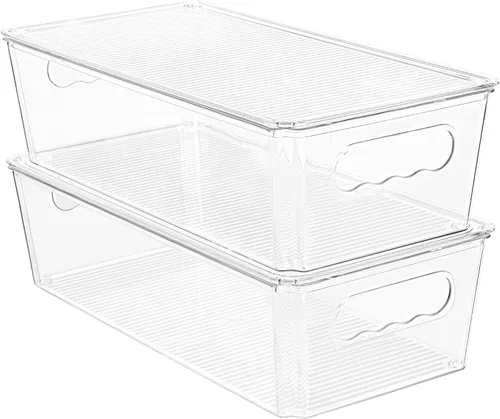 Vtopmart 2 organizadores transparentes y contenedores de almacenamiento con tapas, contenedores de almacenamiento de plástico apilables con asas