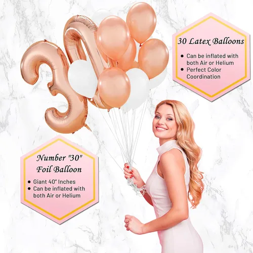Vista 4 de PartyHooman Decoraciones de cumpleaños número 30 para mujer con banda de cumpleaños número 30 y tiara de diamantes de imitación Globos