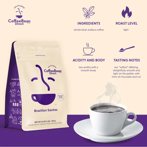 Vista 2 de Coffee Bean Direct Brazilian Santos, café en grano entero, arábica, tostado ligero, bolsa de 1 libra (paquete de 1)