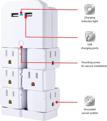 Vista 9 de GE 6-Outlet Extender with Swivel Outlets, 2 USB Ports, Grounded Wall Tap Blanco
