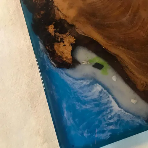 Vista 118 de Mesa de epoxi transparente, mesa de sofá con forma cuadrada, mesa auxiliar de resina de madera, mesa de centro de madera con borde natural para sala