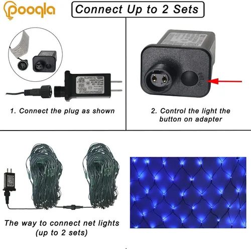 Vista 5 de Pooqla Luces de red, 300 luces LED de malla de Navidad al aire libre, 14.8 x 4.9 pies, cadena de luces con 8 modos de cable verde, conectable, Azul