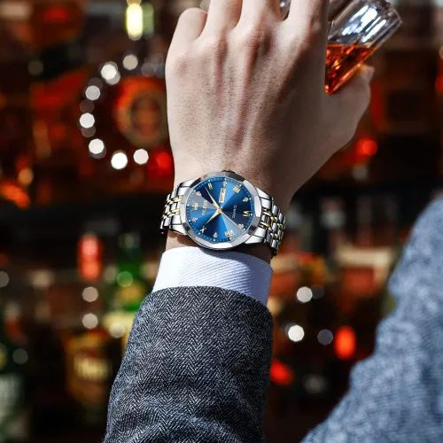 Vista 8 de OLEVS Relojes de pulsera analógicos de cuarzo con diamantes para hombre, con fecha, de dos tonos, de acero inoxidable, impermeables, luminosos
