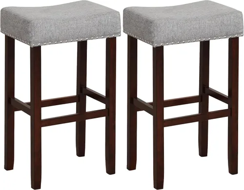ERGOMASTER Taburetes de bar, 29 pulgadas, modernos taburetes de sillín, madera de caucho, gris claro/marrón, juego de 2
