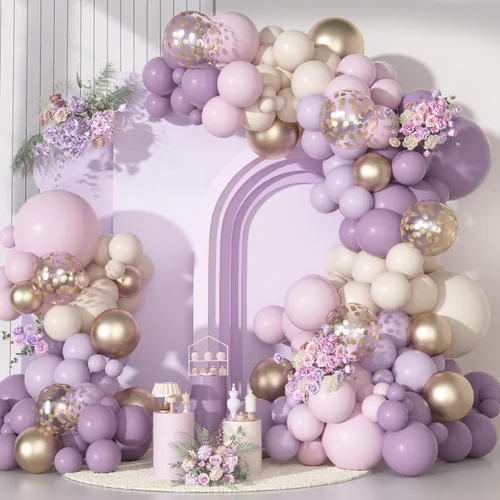Vista 12 de Kit de arco de guirnalda de globos rosa, oro rosa, blanco, rosa y morado, globos de confeti, globos de látex, calcomanías de mariposa, decoraciones