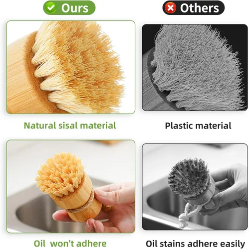 Vista 3 de SUBEKYU Juego de cepillos de bambú para platos con soporte para jabón, limpiador de platos de madera con dispensador de jabón, cepillo natural
