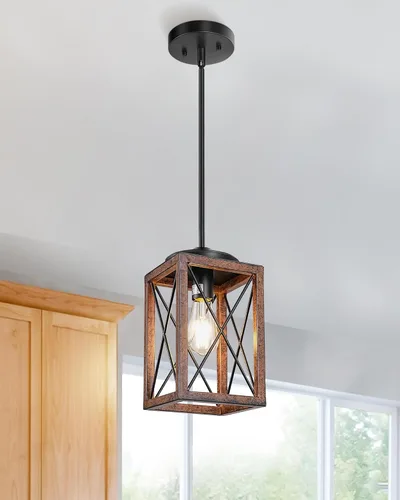 DEWENWILS Lámpara colgante de granja, lámpara colgante de metal con acabado de grano de madera, tubos ajustables de 48 pulgadas para techo plano y