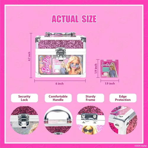Vista 5 de Barbie Beauty Mini Train Case Set incluye tubo de brillo de labios, bálsamo labial, brillo de labios compacto para fiestas de pijamas de niñas