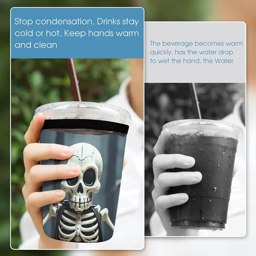 Vista 5 de Skull Reusable Insulated Neoprene Iced Coffee Cup Sleeves 3 Sizes Diving Material Cup Durable Beverage Covers for Cold Coffee Tea Drinks