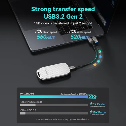 Vista 3 de PHIXERO P5 SSD portátil externo de 1 TB - Disco duro externo de 5 Gbps con USB C a C 2 en 1 y cable USB C a A para PC, Mac, PS5, Xbox, antigolpes