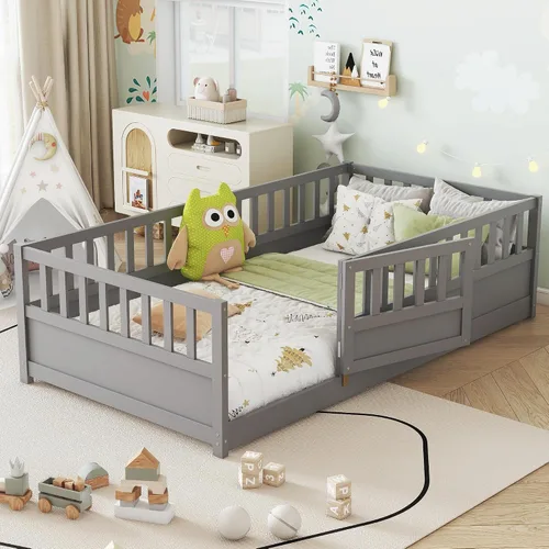 Vista 13 de Cama Montessori de tamaño matrimonial con estantería, luces, listones y Luces grises