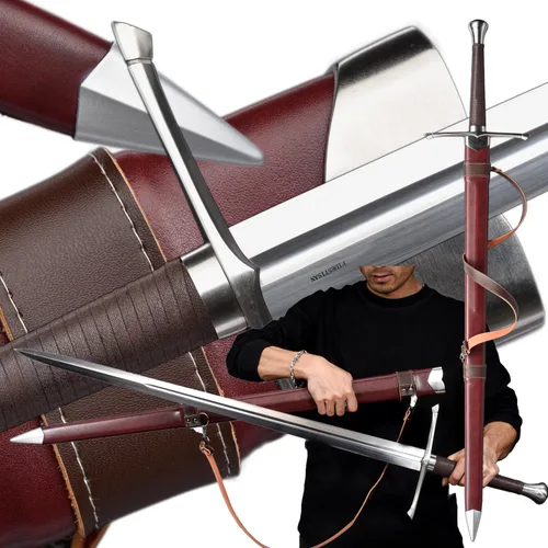Espada medieval guerrero real forjado a mano de acero de resorte de 46 pulgadas con vaina negramarrón, modernización de espada larga, hecha a mano,