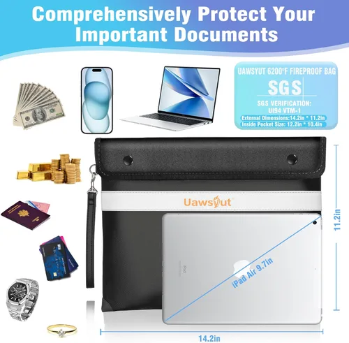 Vista 3 de Bolsa de documentos ignífuga – Bolsas de documentos importantes de 6200 °F con cremallera, resistentes al agua, a prueba de fuego, bolsas de dinero