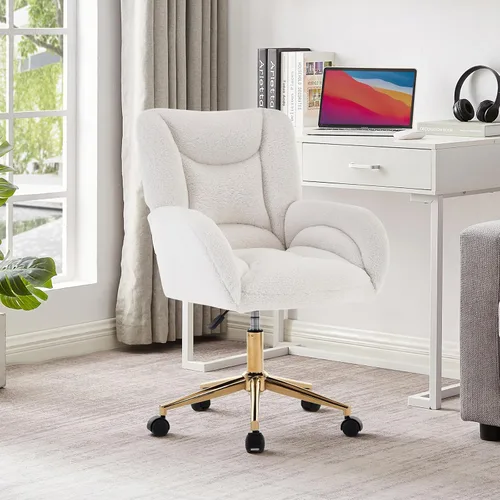 Vista 13 de Silla de escritorio de oficina en casa, cómoda silla de terciopelo ajustable en altura con ruedas y brazos, moderna silla de escritorio con ruedas