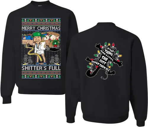 Vista 36 de Wild Bobby Sudadera con gráfico de cuello redondo con texto en inglés "Merry Christmas Shitter's Full Funny Ugly Christmas" Negro (black Hoodie)