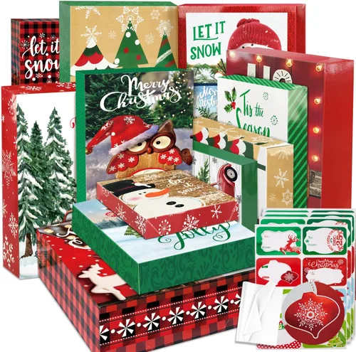 12 cajas de envoltorio de regalo de Navidad a granel con tapas para envolver ropa extra grande, 12 papeles de seda y 80 etiquetas navideñas (tamaño