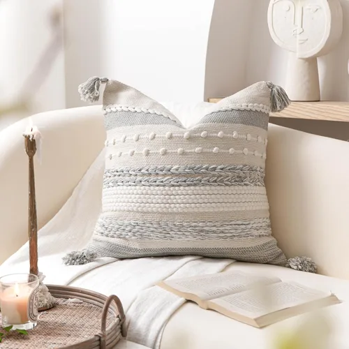 Vista 6 de BlissBlush Funda de almohada decorativa bohemia gris de 22 x 22 pulgadas, cojín cuadrado de estilo rústico para sofá, sala de estar y dormitorio