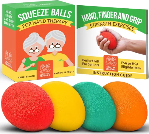 Healthy Seniors Pelotas para terapia de manos – Juego de 4 bolas de ejercicio para artritis y túnel carpiano – Pelota de estrés para adultos terapia