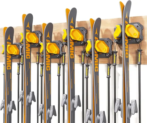 Vista 23 de Estante de pared de esquí y snowboard para pared de garaje se adapta a cualquier esquí/tabla, soporte de montaje de pared de esquí sin daños