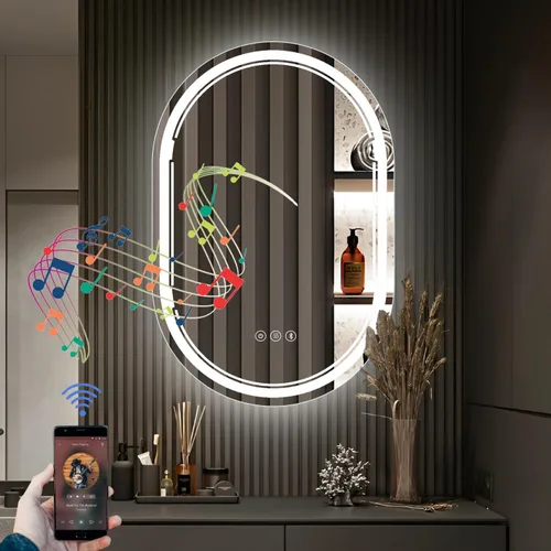 Vista 7 de Espejo de baño LED ovalado de 23.6'X31.5'' con luces, antivaho regulable, 3 ajustes de luces retroiluminados + iluminación frontal, espejos de pared