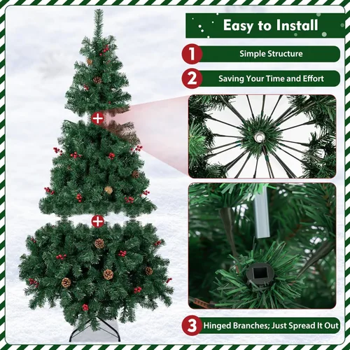 Vista 5 de Árbol de Navidad artificial preiluminado de 6 pies, árbol de Navidad con bisagras con 350 luces LED blancas cálidas y decoraciones, árbol de Navidad