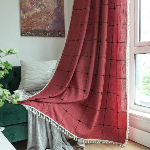 Vista 41 de Sutuo Home Cortinas de puerta francesa para puerta de patio, cortinas de lino semiopacas bohemias con borlas, tiras de granja a cuadros, decoración