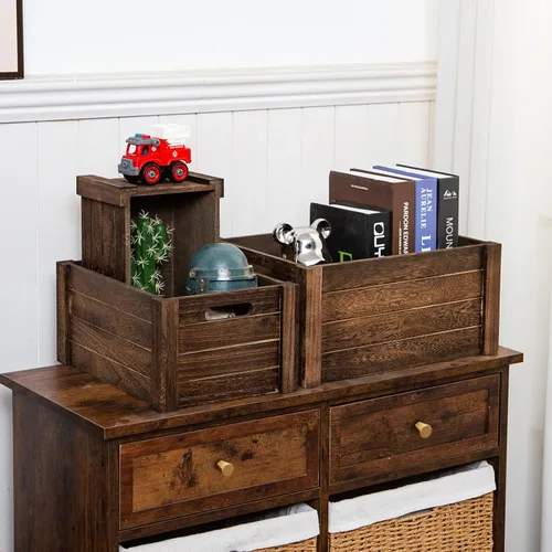 Vista 2 de Cajas grandes de madera marrón vintage para almacenamiento, cajas de almacenamiento de madera maciza hechas a mano de madera maciza vintage