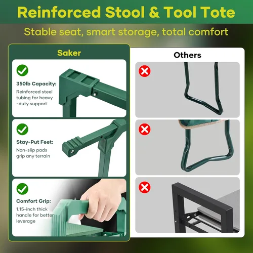 Vista 6 de Saker - Taburete y rodillera de jardín plegable con patas extensibles y almohadilla engrosada, bolsa de herramientas/almacenamiento, soporte