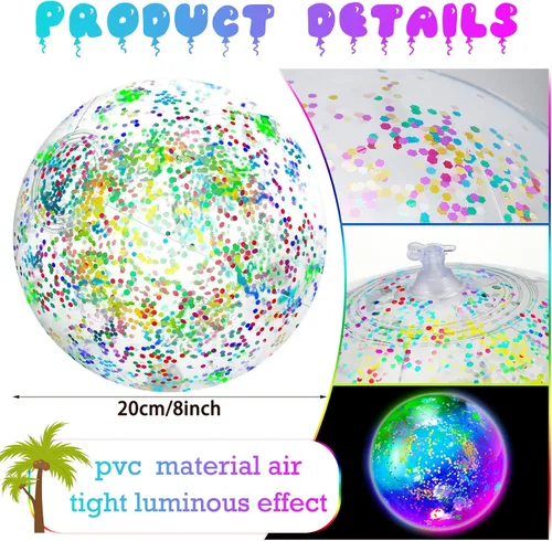 Vista 3 de Meooeck 16 bolas de playa inflables que brillan en la oscuridad, bolas de playa inflables con luces LED de 9 pulgadas, confeti brillante con Colorido