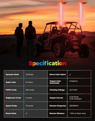 Vista 6 de KEMIMOTO Luces de látigo de 5 pies para UTV ATV, 22 modos, 21 colores, 5 brillantes, 10 velocidades, IP67, impermeable, control inalámbrico RF