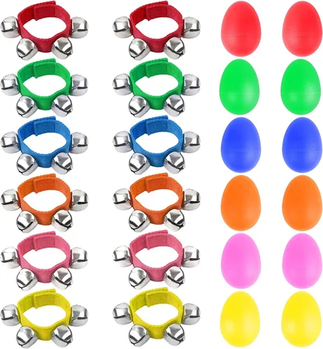 Augshy 24 paquetes de instrumentos musicales agitadores para niños, 12 paquetes de coctelera de huevos y 12 paquetes de muñequera Jingle Bells