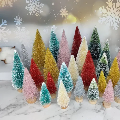 Vista 6 de 24 piezas de árboles de cepillo para botellas, decoración de Navidad, mini árbol de Navidad blanco con base de madera, árbol de pino de sisal Beige