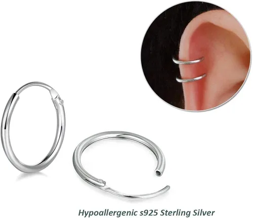Vista 3 de Juego de 4 pares de aretes de aro pequeños de plata esterlina, hipoalergénicos, chapados en oro blanco de 14 quilates, hélix, tragus, nariz, labio