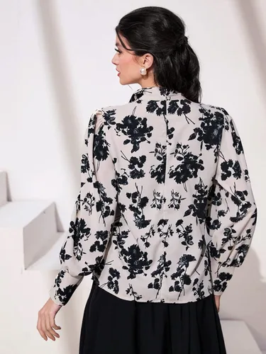 Vista 2 de Floerns - Blusa con estampado floral para mujer, cuello con corbatín y de manga farol larga