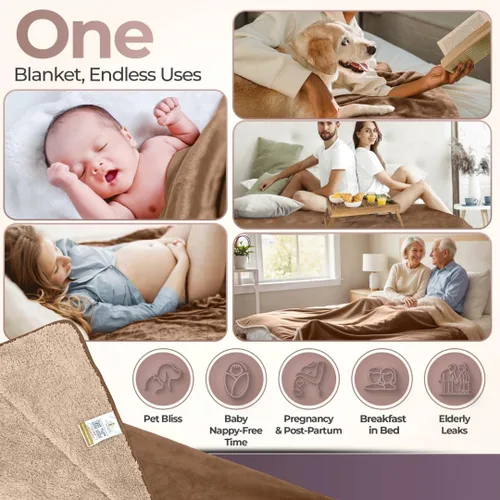 Vista 4 de Sacred Weapon - Manta impermeable para cama – Mini manta Sherpa y forro polar – Manta impermeable para sofá y protector de colchón, absorbente, Beige